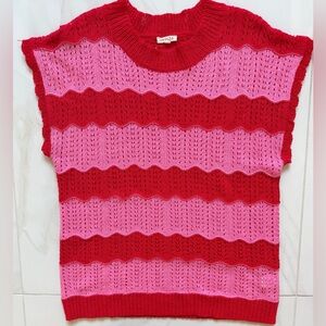 JODIFL Red and Pink Crochet Striped Knit Top-Runs Big